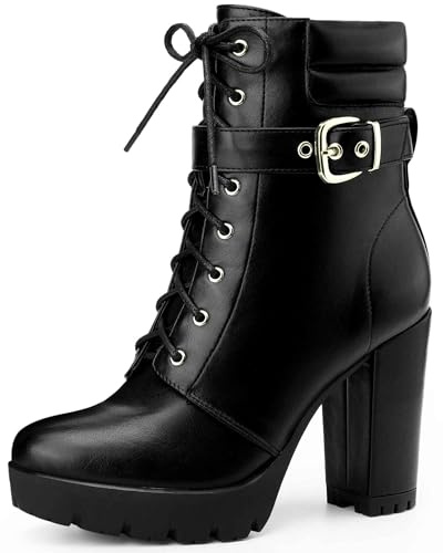 Perphy Platform Lace Up Chunky Heel Buckle Black Ankle Combat Boots for Women 6.5 M US