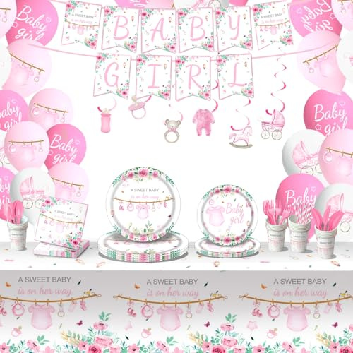 Vajilla Baby Shower Niña 20 personas - 215 pcs. Decoracion Baby Shower Niña Accesorios Fiesta Baby Girl Platos Vasos Servilletas Cubiertos Pajitas Mantel Guirnalda Globos Decoração Chá Bebé Meninas