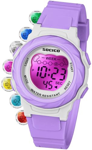 SOCICO Montre numérique pour Enfants, résistante à l'eau 5ATM, 7 Couleurs Lumineuses avec Alarme et chronomètre pour Filles et garçons âgés de 5 à 12 Ans.