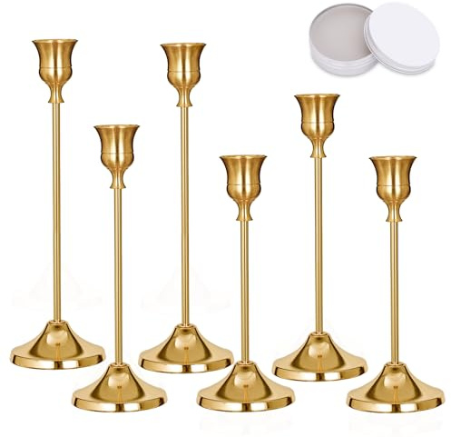 Romcanmy Set of 6 Gold Candle Holders, Metal Taper Candles Holder with Adhesive Wax, Vintage Modern Tall Candle Holder Fits 3/4 inch Thick Long Candles, Candlestick Holders for Wedding Party Christmas