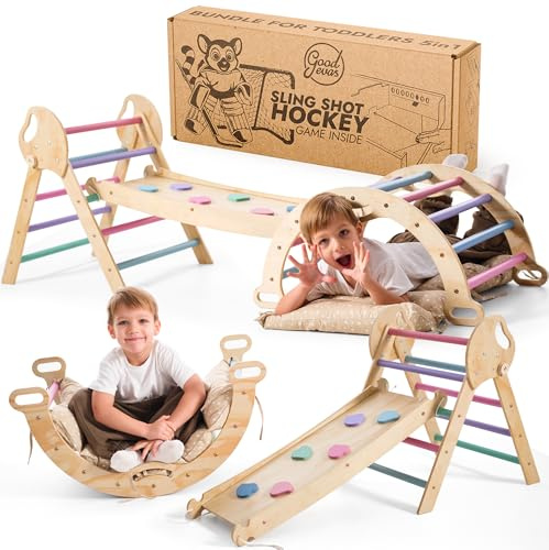 Goodevas Montessori 5 in 1 Struttura da arrampicata per interni in legno con scivolo – Triangolo da arrampicata Montessori per bambini a partire da 1 anno, parco giochi per bambini, set da arrampicata