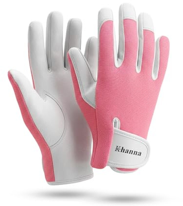 khanna Leather Gardening Gloves, Heavy Duty Thorn Proof Garden Gloves for Men & Women, Strong Grip Breathable Rigger Safety Working Gloves for Rose Pruning, Weeding & Yard Work (Baby Pink, Large)