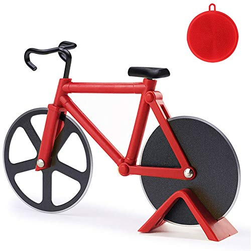 Fahrrad Pizzaschneider, 100% Essen Grade Antihaftbeschichteter Edelstahl Doppel Pizza Schneider, Profiausführung, Geeignet für Party usw, Interessantes Weihnachtengeschenk, Rot