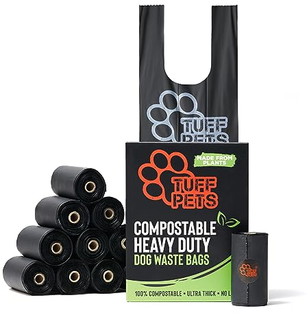 Tuff Pets kompostierbare Hundekotbeutel auf Rollen - 50% dickere, pflanzliche, Hundekotbeutel biologisch abbaubar - Kotbeutel kompostierbar zertifiziert - mit Griffen - 12 Rollen - 120 Beutel