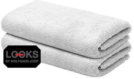 LOOKS by Wolfgang Joop 2X Gästehandtuch 30x50 cm – 100% Baumwolle Doppelpack Luxus Gästehandtücher mit Aufhänger & Logostick, 2er Set Gästetuch hellgrau