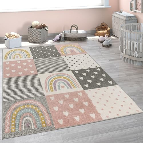 Paco Home Kinderteppich Teppich Kinderzimmer Mädchen Jungs Verschiedene Motive Und Größen, Grösse:120x160 cm, Farbe: Creme Rosa Grau