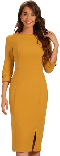 Allegra K Abito da donna elegante, scollo a barchetta, maniche a 3/4, midi, a fessura, aderente, Giallo, S