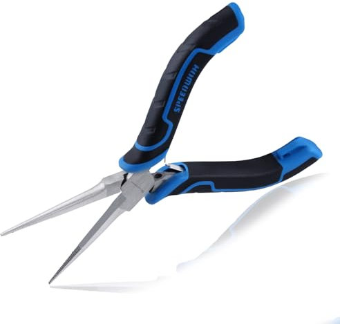 SPEEDWOX Mini alicates de punta de aguja dentada con cubierta protectora, alicates de punta de aguja para hacer joyas, alicates de punta larga compactos de precisión, punta de aguja para doblar