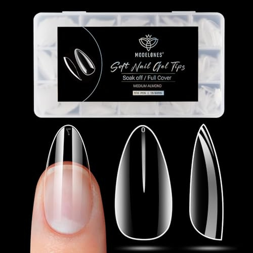 Modelones 510Pcs Capsule Americaine Ongle Amande Moyenne, 15 Tailles Faux Ongles, Clair Capsules Ongles Gel Couverture Complète, Pose Americaine Capsule pour Diy Nail Art