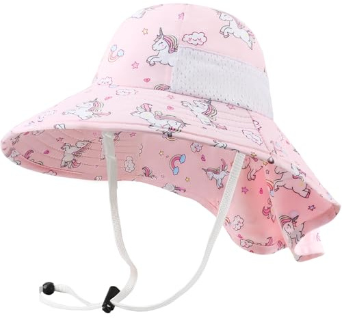 DRESHOW Sonnenhut Baby mit Großer Krempe, Nackenschutz Verstellbarer Faltbare Bedruckte Sommerhut Hut Atmungsaktiv UV-Schutzsonnenhut