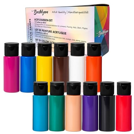 Bastelzone Premium Acrylic Paint Set - Highly Pigmented, Bright & Opaque Colours - Painting Colours for Children & Adults - Ideal for Canvas, Wood, Stone, Paper & Pouring (12 Colours)