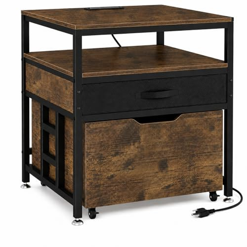 MILEFA Mini Fridge Stand with Storage Drawer for Dorm Room, 220 lb Heavy Duty Refrigerator Stand with Power Outlet and Pull-Out Basket, Small Fridge Table for Apartment, office, Kitchen, Retro Brown