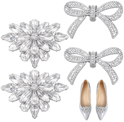 Shimmeroo 2 Pairs Rhinestone Shoe Clips for Women Dress Shoes, Bow Flower Brilliant Crystal Shoe Decor, DIY Shoes Detachable Buckle Wedding Party Accessories Mother Gifts(Sliver)