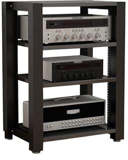 HiFi-ställ i trä och stål, justerbart vinylskivspelare, stereokonsol hyllenhet för hemmaljudsystem och kompakt utrustning (svart, 60 x 51 x 80 cm)