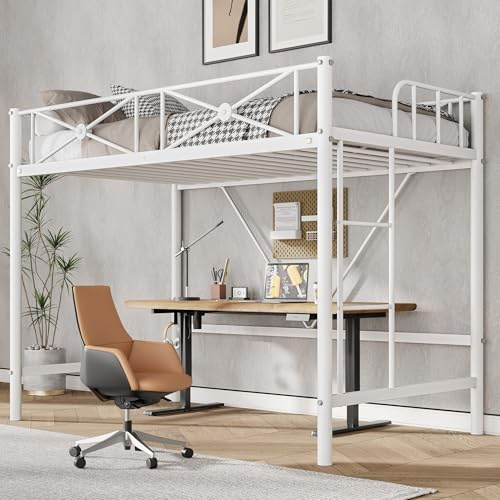 IDEALHOUSE Metal Loft Bed Twin Size, Modern Heavy Duty Loftbeds with Safety Guard Rails & Space-Saving Design, Steel Twin Loft Beds for School, Bedroom, White