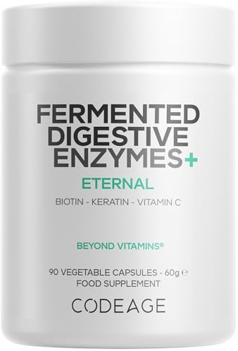Codeage Fermented Digestive Enzymes, 14 Enzymes, Biotics, 90 Capsules | 14 fermented digestive enzymes, biotics, fermented botanicals. Plant-based. One capsule per day. Non-GMO.