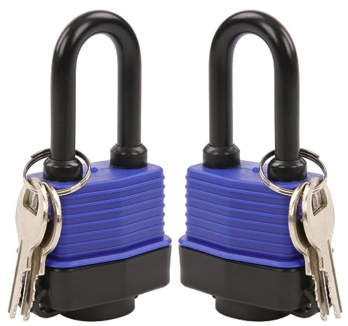 SEPOX® 44MM Weatherproof Outdoor Padlock Keyed Alike, Heavy Duty Steel Lock Body with Blue Cover Water Risistant, Long Shakle 2pcs Locks with 4 Keys Same, Ideal for Garden, Garage, Gate, Fence, Marine