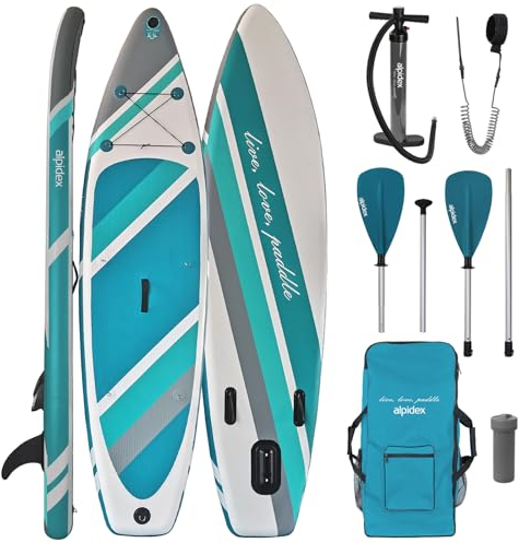 ALPIDEX Stand Up Paddle Set SUP 320 x 76 x 15 cm max. belastbar bis 200 kg Aufblasbar Stabil Leicht Komplett Set Tragetasche Paddel Finnen Luftpumpe Leash Repair Kit, Farbe:Earth