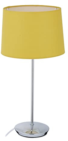 Relaxdays Tischlampe mit Stoffschirm, verchromter Fuß, E14 Fassung, Wohn- & Schlafzimmer, moderne Nachttischlampe, gelb