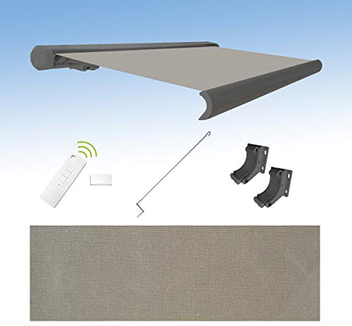 Eclipse Vollkassettenmarkise elektrisch 4x3m basaltgraues Gehäuse Markise Balkon Terrassenüberdachung Gelenkarm Polyacryltuch UV-Schutz 50+ Smarthome-fähiger Dooya Motor, Markisentuch: Grau