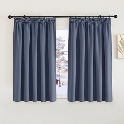 PONY DANCE Kitchen Blackout Curtains Pencil Pleat Thermal curtains for Winter Window Treatment drapes for Energy Saving Home Decoration, W66 X L54, 2 Panels, Haze Blue