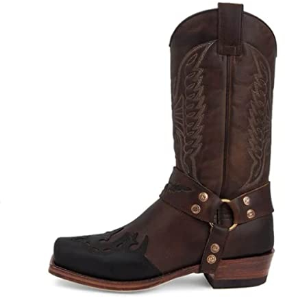 GATURA Stivali da Uomo e Donna Medievale Vintage Mid Calf - Punta Quadrata Tacco Chunky in Faux PU Pelle - Western Cowboy Cavaliere Lunghi, 35-48, Marrone, 43