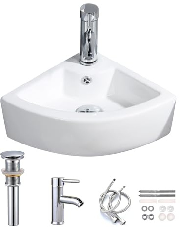 Small Bathroom Sink Wall Mounted Basin Triangle Corner Mini Sink with Chrome Faucet & Waste Drain Kit-12.8 x 12.8 x 5.1inch/325 x 325 x 130mm