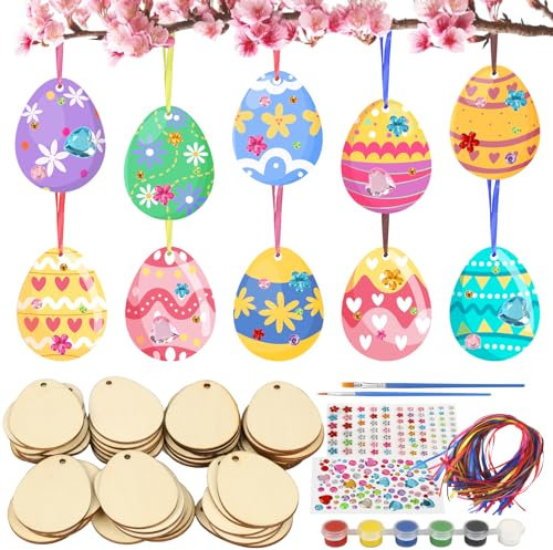 DKINY 50pcs huevos de madera para pintar niños DIY Pascua Manualidades para colorear decoracion colgantes con pinceles y pintura para niños Ocio Creativo Fiesta de Primavera Actividad Escuela
