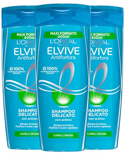 L'Oréal Paris Elvive Antiforfora Shampoo Delicato Purificante con Actirox ed Equaderm per Capelli Grassi Per Capigliatura Idratata e Fresca - 3 Flaconi da 400ml