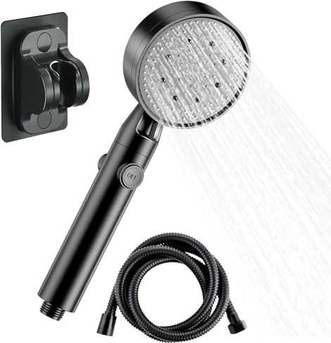 PIWOSGOL Soffione Doccia Alta Pressione,Doccia Soffione a 5 Modalità con Tubo Flessibile da 1,5 M,Ugelli in Silicone, Supporto Doccino Risparmio Idrico Universale con Interruttore -Nero