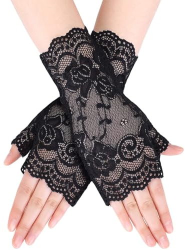 AIYVELU Guanti in Pizzo da Donna Corto Senza Dita Bianchi e Neri per Sposa, Prom e Tea Party - Accessori per Costumi