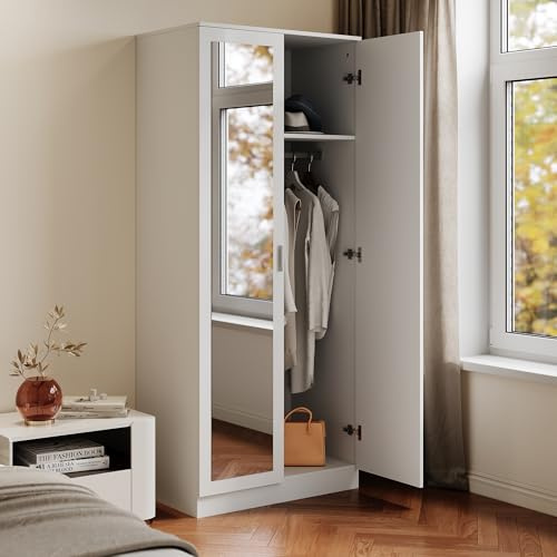 SIRHONA Armadio Con Ante Scorrevoli e Specchio, Cassetto Interno per Camera da Letto e Corridoio, 76x47x180cm, Bianco