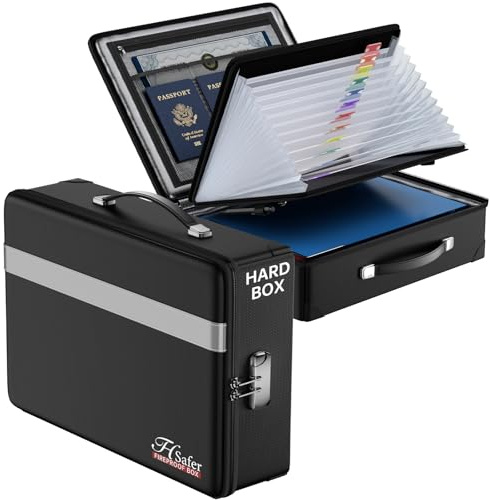 JHSafer Fireproof Document Box with lock, File Organizer with Fireproof Zipper, Hard Shell Fireproof & Waterproof Storage box, Portable Safe for Home, Important Documents, Laptop, Black