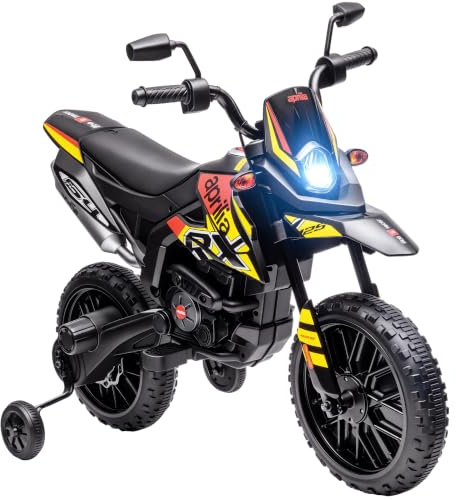 AIYAPLAY Elektrisk barnmotorcykel Aprilia elmotorcykel med USB, stödhjul, musik, strålkastare, barn 6 km/h elektrisk motorcykel med 2 stödhjul för barn från 3–8 år, gul