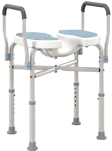 HOMCOM Sgabello Doccia con Braccioli, Seduta Scanalata e Barre di Rinforzo, Sedia Doccia per Anziani e Disabili, Vasca da Bagno con Altezza Regolabile, Fori per Acqua e Piedini Antiscivolo, Azzurro