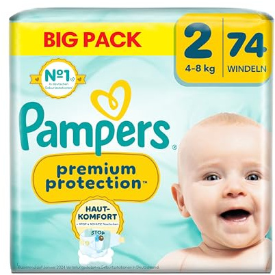 Pampers Premium Protection storlek 2, 74 blöjor, 4 kg–8 kg, dubbelt skydd för huden och mot läckage