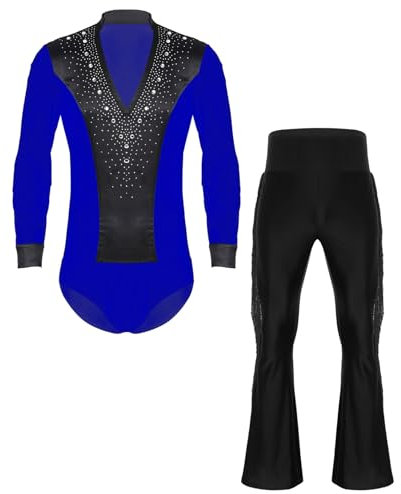 inlzdz Herren Latein Jazz Standardtanz Kostüm Zweiteiliger Tanzkleidung Set Langarm Tanzbody Hemd Bodysuit mit Tanzhose Blau&Schwarz L