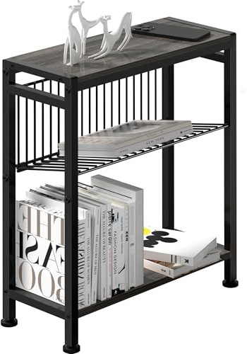 Beistelltisch schmal, Couchtisch klein mit 3 Ablagen, Zeitschriftenhalter, Sofa Beistelltisch für schmale Räume, Drahtgeflecht, Nachttisch klein, für Wohnzimmer, Schlafzimmer, Arbeitszimmer, Grau