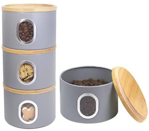 LENAK Tea Coffee Sugar Canister Set, Stackable Airtight Food Storage, Kitchen Storage Containers, Jars Tin With Transparent Window (Grey)