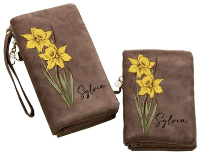 Portamonete personalizzato in pelle per donna, con nome personalizzato, fiore di nascita acquerellato, triplo scomparto, cinturino da polso, borsa lunga per cellulare, ideale per mamma, moglie o nonna