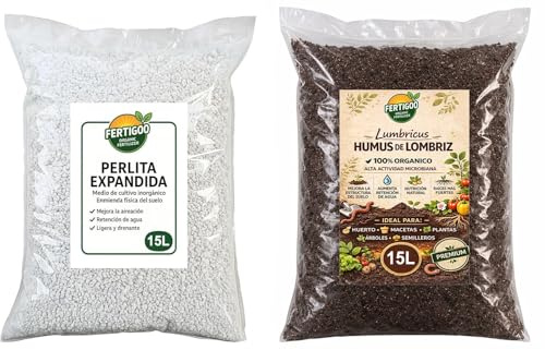 Fertigoo® Perlita 15L + Humus de Lombriz 15L | Aireación y Drenaje + Abono Orgánico | Ideal para Huerto, Macetas y Plantas Kit Profesional Completo 30L