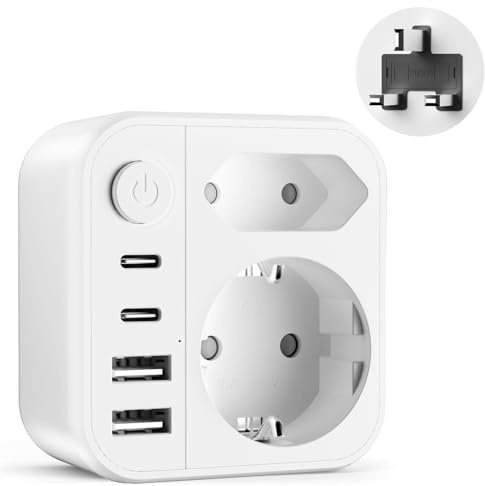 Adattatore da viaggio 6-in-1 UK, adattatore per prese inglesi e tedesche, adattatore da viaggio UK da 3250W con 2 USB e 2 USB-C, adattatore da presa UK a EU tipo G con interruttore di alimentazione