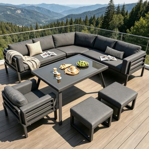 luckdect Ensemble Salon de Jardin 7 Pièces en Acier,Mobilier d’Extérieur avec Canapé d’Angle Modulable,2 Canapé 2 Places,Fauteuil,2 Tabourets et Table Verre,Coussins Inclus