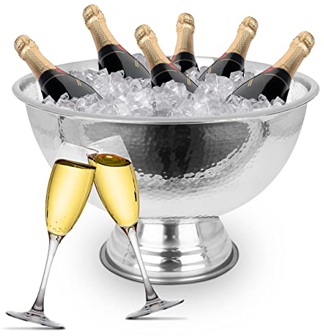 Krollmann Design Sektkühler aus Edelstahl Ø40 cm in Hammerschlagoptik Champagnerschale für bis zu 6 Flaschen – Flaschenkühler für den edlen Genuss von Champagner, Sekt, Wein, Spirituosen, Bier
