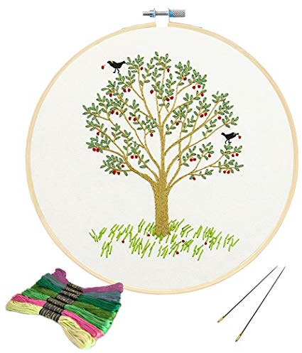 KISSBUTY Full Range of Embroidery Starter Kit with Pattern, Cross Stitch Kit Including Embroidery Fabricwith Plants Pattern, Bamboo Embroidery Hoop, Color Threads and Tools Kit (Cherry Tree)