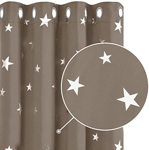 Deconovo Super Soft Foil Star Printed Thermal Insulated Blackout Curtains Eyelet Soundproof Curtains for Bedroom W55xL70 Inches Taupe 2 Panels