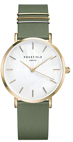 Rosefield Damenuhr The West Village Gold 33 mm Rundes Gehäuse mit Weißem Zifferblatt und waldgrünem Band - WFGG-W85