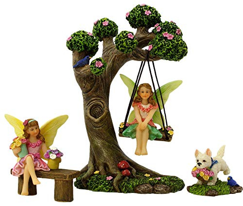 PRETMANNS Outdoor Fairy Garden Ornaments Accessories Kit, 4 Piece Set | Garden Fairies Figurines, Tree Swing & Puppy, Indoor or Outdoor Miniature Gardens
