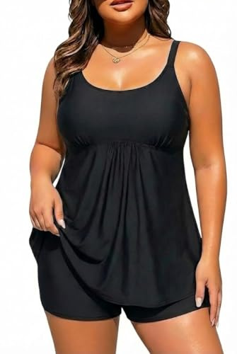 Holipick Black Plus Size Bathing Suits Two Piece Tankini Swimsuits for Women Flowy Swim Top with Boy Shorts