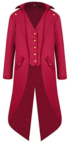 FYMNSI Manteau gothique Steampunk Frack pour homme Médiéval victorien Vintage Veste Uniforme Long Smoking Pour Carnaval Halloween Costume Fête Cosplay déguisement, rouge, M
